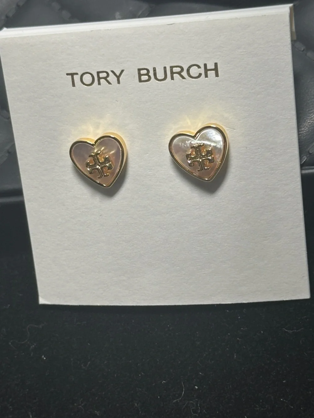 Tory Burch Gold Mother of Pearl Heart Logo Stud Earrings